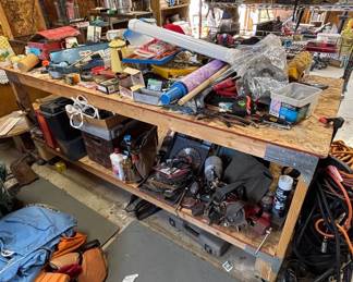 Lot #100 Entire Contents of Workbench: Tools, Extension Cords, Bucket Organizer, Saw Blades