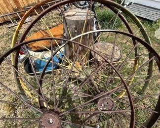 Lot #114 Antique Cast Iron Steel Spoke Farm Implement Wheels 60" Dia Pair Rustic Decor