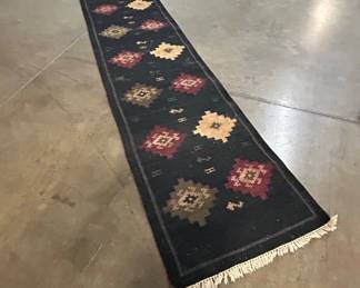 Lot #158 Vintage Kilim Style Wool Runner Rug Black Geometric Medallion 12’x32” Southwestern