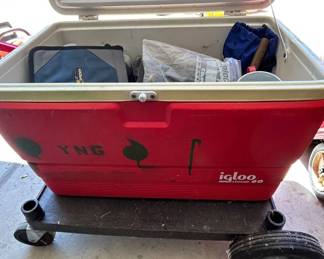 Lot #60 Vintage Igloo Legend 60 Qt Red Cooler with Camping Cookware & Survival Gear Lot