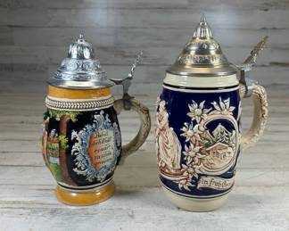 Lot #179 Vintage German Beer Stein Lot 2 Ceramic Pewter Lid Relief Cobalt Black 0.5L