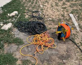 Lot #133 Air Hose Reel Steel Frame Orange Blue Compressor Hoses Blow Gun Lot