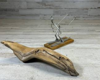 Lot #177 Lot 2 Folk Art Metal Skier Sculpture Wood Base & Driftwood Natural Art Colorado