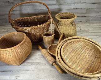 Lot #160 Vintage Wicker Rattan Basket Collection Lot Carved Wood Rolling Pin Boho Decor