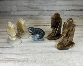 Lot #180 Carved Onyx Horse Bookends Pair + Soapstone Turtle Figurine Stone Sculpture Set