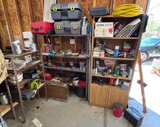 Lot #104 Entire Contents of Garage Shelving Units: Stanley Bostitch, Hardware, Tools, Extension Cords