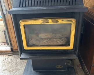 Lot #111 Osburn Freestanding Gas Fireplace Stove Black Steel Brass Door Ceramic Logs