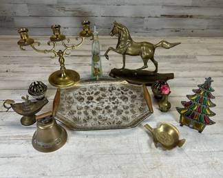 Lot #182 Brass Decor Lot Candelabra Horse Bell Oil Lamp Glass Tray Christmas Tree 10pc