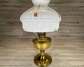 Lot #163 Aladdin Brass Oil Kerosene Table Lamp Milk Glass Floral Shade & Chimney Vintage