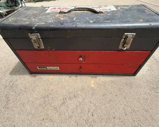 Lot #118 Montgomery Ward Powr Kraft Metal Toolbox 2-Drawer with Drill Bits Hole Saws SK Tools