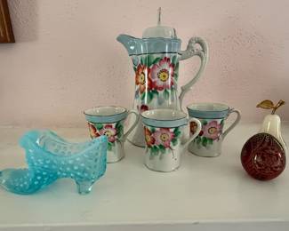 Japanese lusterware porcelain tea set and blue hobnail slipper