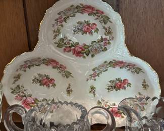Old Foley James Kent Staffordshire triple section serving dish in the Harmony Rose pattern