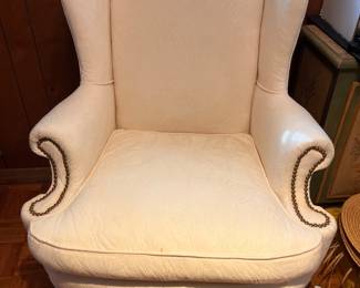 IVORY DAMASK WING BACK CHAIR
