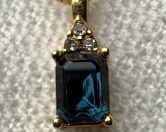 14K Yellow Gold London Blue Topaz and Diamond Pendant Necklace