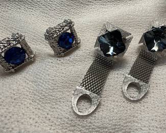 Swank Mesh Chain Blue Stone Cufflinks and Stud Set