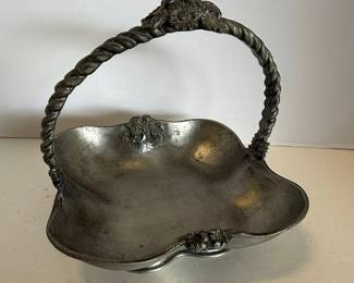 Pewter Serving Basket with Twisted Handle and Floral Embellishments