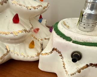 Vintage White Ceramic Christmas Tree Lamp with Gold Accents