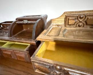 Vintage Wooden Roll Top Jewelry Box Set