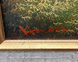 Landscape Oil Painting with Cabin and Mountain Lake, Signed 'Howard'