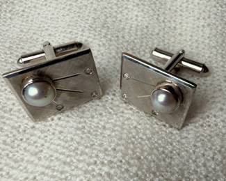Men's Sterling Silver & Pearl Cufflinks with Diamonds