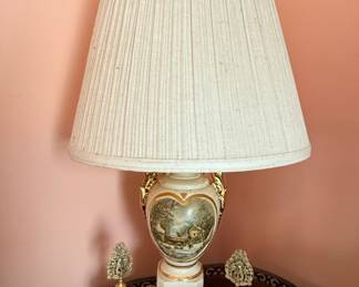 Victorian Style Porcelain Table Lamp with Winter Landscape Scene