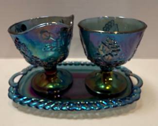 Indiana Glass Princess Blue Carnival Glass Candy Dish and Creamer/Sugar Set
