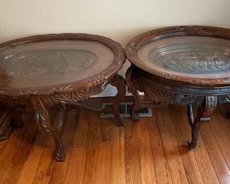 Victorian Style Carved Wood Side Tables with Glass Inserts (Pair)