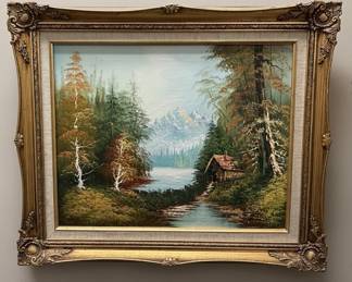 Landscape Oil Painting with Cabin and Mountain Lake, Signed 'Howard'