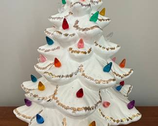 Vintage White Ceramic Christmas Tree Lamp with Gold Accents