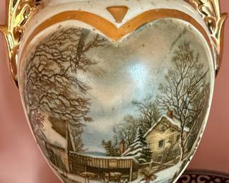 Victorian Style Porcelain Table Lamp with Winter Landscape Scene