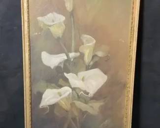 1902 Grace M. Currie oil on board painting - "Arum Lilies"