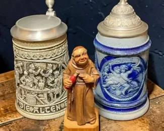 Anri Figurine & Two German Tankards