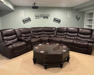 Dark brown leather reclining sectional & ocatgon shape coffee table