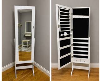 White, standing chevalier mirror with jewelry storage