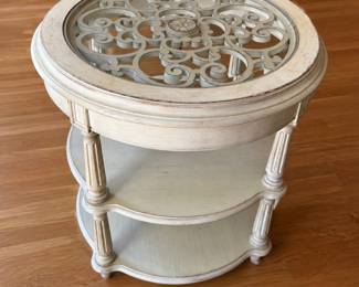 Round painted side table with scroll top & glass