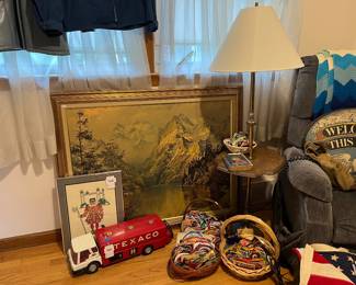 Wall Art, Wooden Side Table, Table Lamp, Baskets 