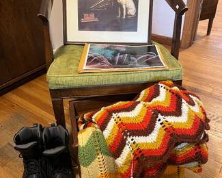 Accent Chair, Wall Art, Shoes, Crochet Afghan 