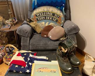 Vintage Trunk, American Flag,  Boots, Recliner, Crochet Afghan, Hats 