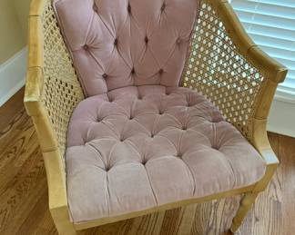 Antique Cane Chair with Pink Velvet tufted fabric seat and back. Two matching chairs.