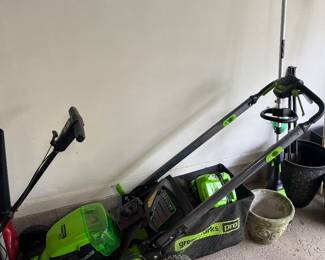 Greenworks Pro 80v 21” self-propelled mower; Greenworks Pro weed wacker. Both with batteries/chargers.