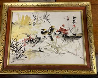 Painting of birds and foliage in East Asian ink wash style.