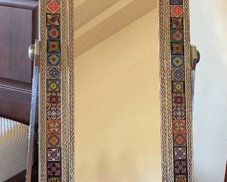 Moroccan decorative mirror with inlaid geometric patterns & metalwork stand