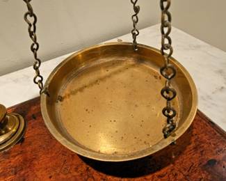 Large Antique Brass Balance Scale on Wood Base