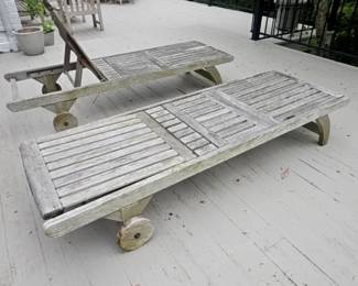 Pair of Solid Teak Outdoor Chaise Lounge Chairs with Wheels