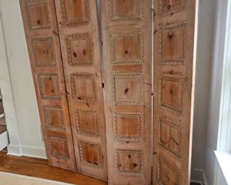 Rustic Carved Wood 4-Panel Folding Room Divider