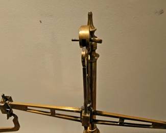 Large Antique Brass Balance Scale on Wood Base