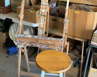 Lot 83: Paint-splattered artist easel with round stool and blue step stool