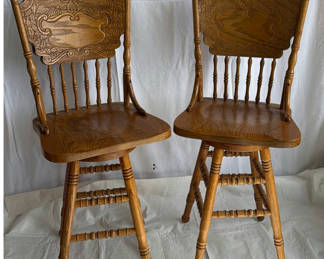 Lot 6: Press Back Swiveling Oak Barstools, paintings horses on backs