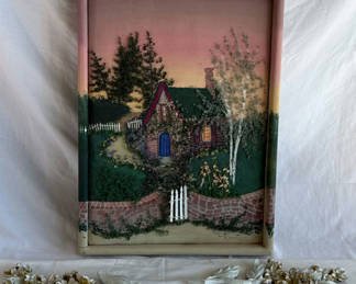 Lot 84: Pink-framed 3D cottage garden textile art with metal floral accents