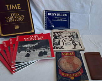 Lot 82: Time Life This Fabulous Century magazines, Rue's Rules manual, Concord Pavilion Magazine, Shell World Atlas, and leather wallet